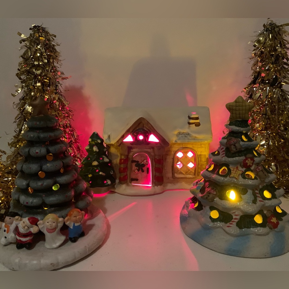 Vintage Enesco lighted hand painted ceramic house with two ceramic trees.